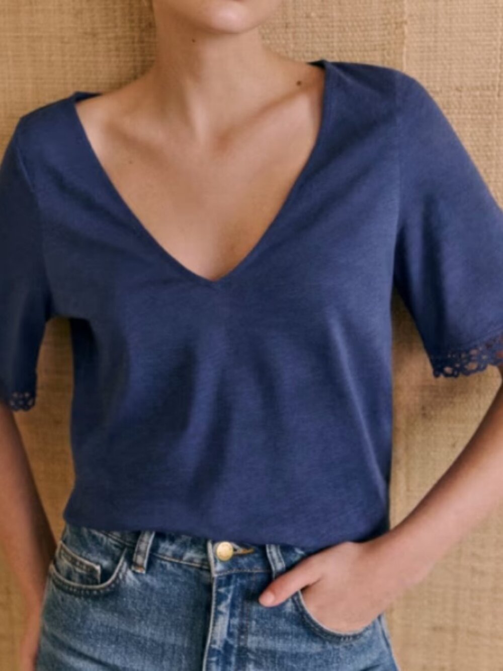 Sezane French Navy Lorna V-Neck Tee with Crochet Sleeve Trim
